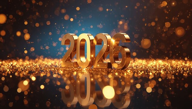 Golden year two thousand twenty six with bokeh lights and glitter on a dark blue background celebration - Powered by Adobe