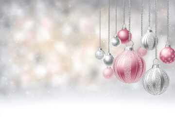 Elegant Christmas ornaments in pink and silver hanging against a blurred background.