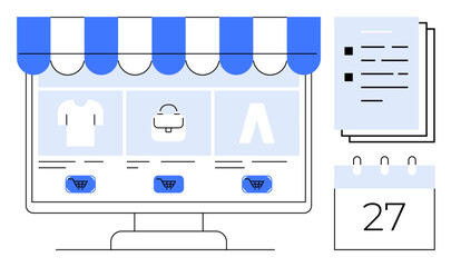 Computer screen displaying an online store with product categories and shopping carts, accompanied by task checklists and a calendar. Ideal for ecommerce, planning, retail, organization, scheduling
