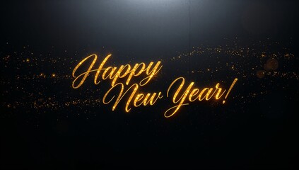 Golden happy new year text with sparkling particles on a dark festive background design element