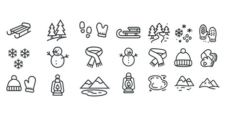 Winter essentials and activities icons: snowmen, sleds, scarves, and more