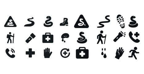 Snake bite safety and outdoor emergency icons set: hiking, first aid, and hazard signs