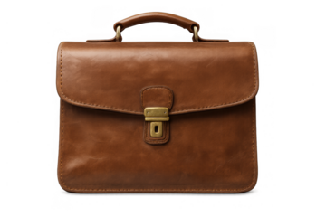 Brown leather briefcase, closing brass clasp, carrying professional business documents and accessories for work
