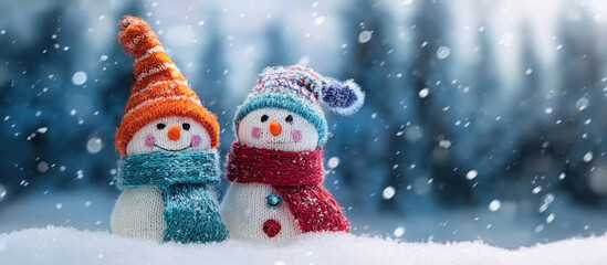 Two adorable snowmen wearing colorful hats and scarves stand in a snowy winter wonderland with falling snowflakes and blurred trees in the background.