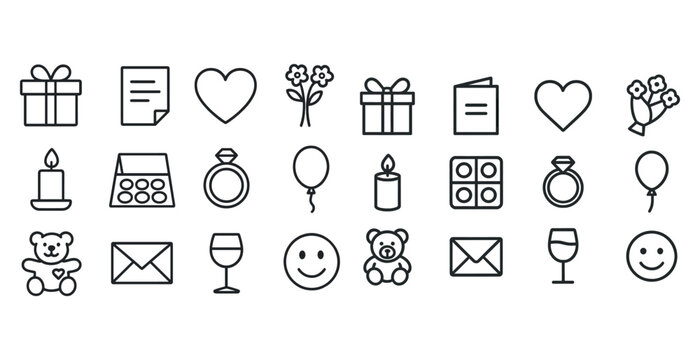 Line art icons of gifts, hearts, balloons, flowers, and smiley faces - Powered by Adobe