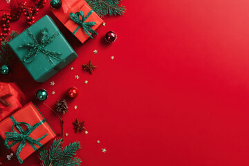 Christmas gifts and festive decorations on a vibrant red background, flat lay with copy space for holiday greetings.