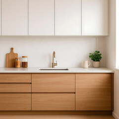 Modern minimalist kitchen interior design with warm lighting and clean Scandinavian style