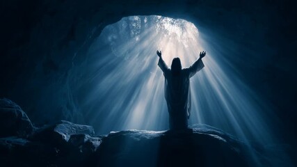 Jesus raises hands in a cave with bright light shining from above during a significant moment
