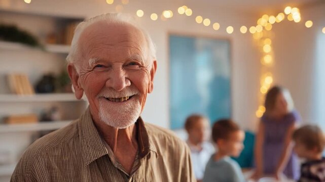 A Golden Age: A warm and smiling elderly man, the radiant heart of his family, finds joy in a circle of his loved ones, embodying life's simple pleasures and the depth of familial bonds.