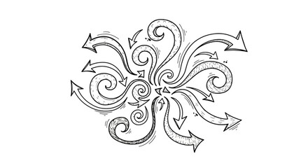 Hand-drawn illustration of chaotic swirling arrows indicating multiple choices and directions.