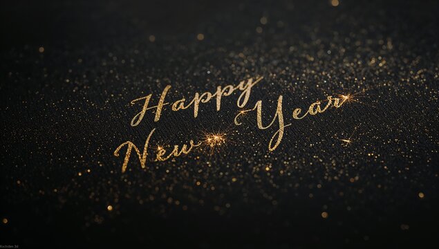 Happy new year text in gold glitter on a dark background with sparkling light effects and bokeh