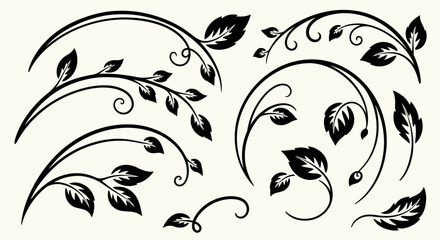 Black and white vector illustration of floral ornaments with leaves and swirls.