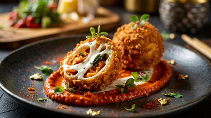 Fototapeta premium Hyper detailed close-up of deep fried kibbeh balls with red sauce