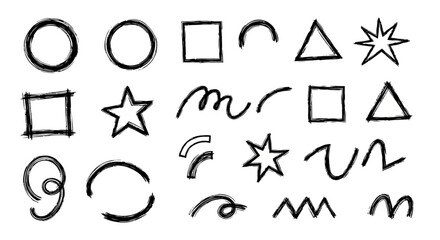 Collection of various hand-drawn shapes, including circles, squares, stars, and abstract lines.