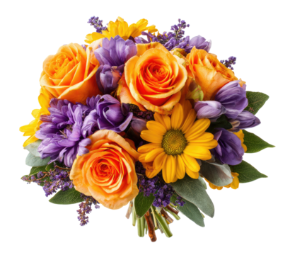 Vibrant bouquet of orange roses, yellow daisies, and purple flowers (1) - Powered by Adobe
