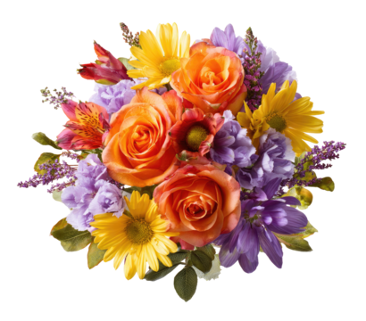 Vibrant bouquet of mixed flowers in warm autumnal colors