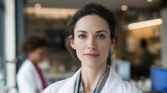 Focused Professional: A portrait of a composed and confident female professional, radiating competence and dedication within a dynamic work setting. 
