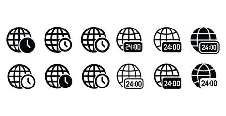 Global time icons collection: clocks and world symbols in black and white