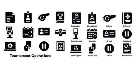 Tournament operations icons: registration, schedule, check-in, referee, rules