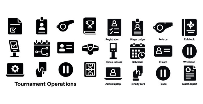 Tournament operations icons: registration, schedule, check-in, referee, rules