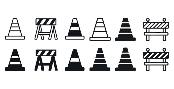 Traffic cone and barrier icon set - construction and safety symbols