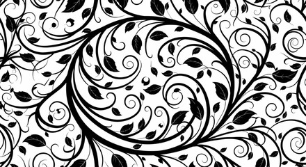 Black and white floral pattern with intricate swirls and leaf details, creating a decorative design.