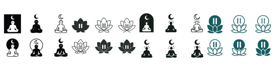 Meditation and yoga symbols with lotus and moon motifs