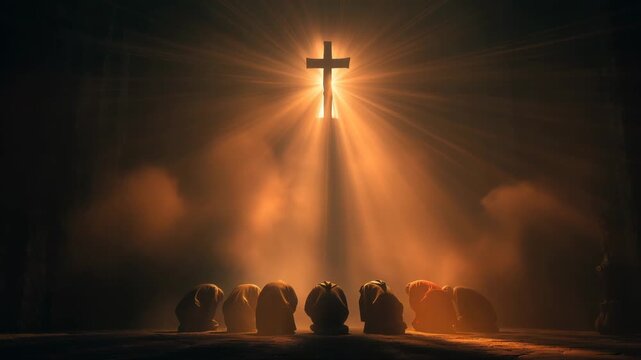 Jesus radiates light as followers kneel in worship during a spiritual gathering