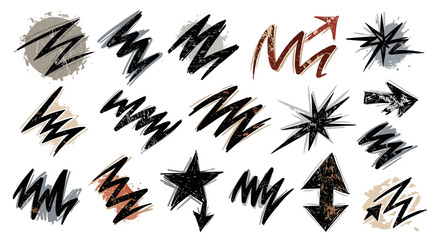 Collection of hand-drawn grunge style scribble elements, including arrows, stars, and abstract shapes, isolated on a white background.
