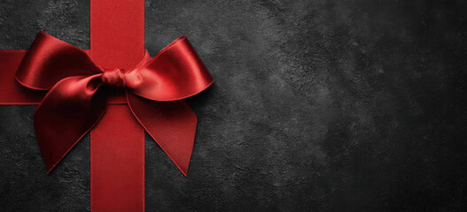 A shiny red satin ribbon and bow tied around a gift on a dark, textured grunge background with copy space.