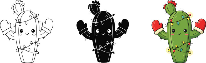 Cute cartoon christmas cactus character illustration set with outline, silhouette, and colorful versions, wearing mittens and festive lights.