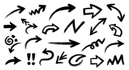 Collection of various black arrow symbols and directional signs on white background.