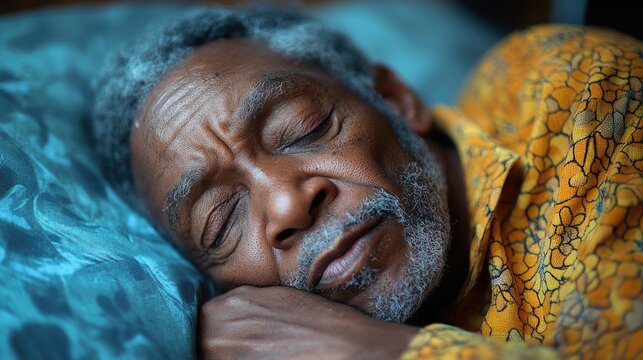 A man asleep in bed with their mouth open snoring loudly