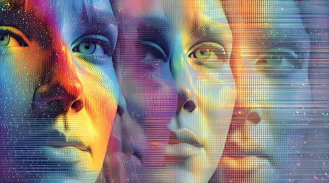 Vibrant Psychedelic Crypto NFT of Rainbow AI Faces in Cyber Dreamscape