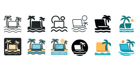 Tropical laptop logos: vibrant island icons with palms and waves