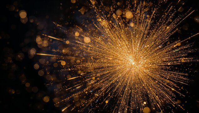 A golden explosion of light with particles and bokeh on a dark background creating a dynamic effect