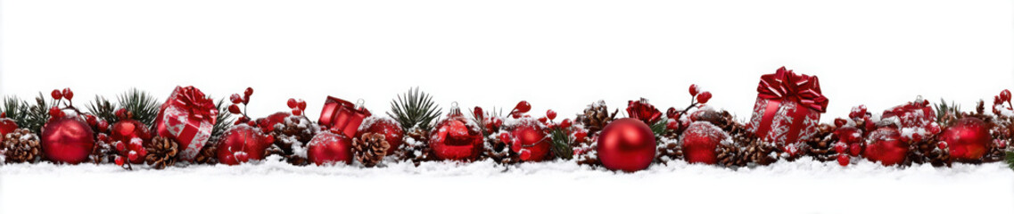 Festive Christmas garland border with red ornaments, pinecones, and green fir branches on white background.