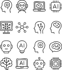 A set  featuring simple AI-themed icons such as robots, brains, circuits, microchips, and laptops arranged in a clean minimalist layout.