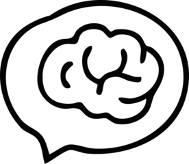 A simple black-and-white icon depicting a brain inside a speech bubble, symbolizing thinking, ideas, communication, or mental processes.