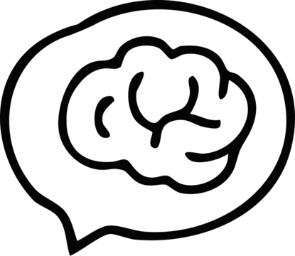 A simple black-and-white icon depicting a brain inside a speech bubble, symbolizing thinking, ideas, communication, or mental processes.