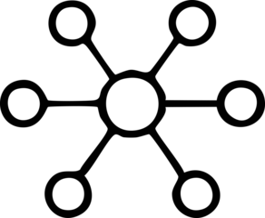 A minimal black-and-white network icon showing one central circle connected to five surrounding nodes, symbolizing communication, connectivity, and data links.