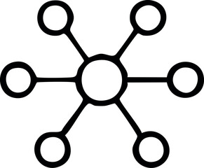 A minimal black-and-white network icon showing one central circle connected to five surrounding nodes, symbolizing communication, connectivity, and data links.