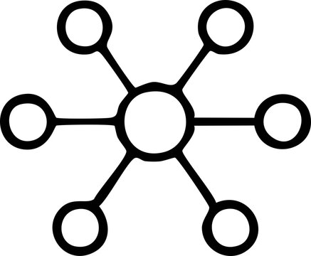 A minimal black-and-white network icon showing one central circle connected to five surrounding nodes, symbolizing communication, connectivity, and data links.