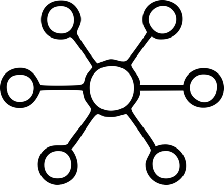 A minimal black-and-white network icon showing one central circle connected to five surrounding nodes, symbolizing communication, connectivity, and data links.