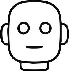A simple black-and-white robot face icon with round eyes, a small straight mouth, and minimal geometric features.