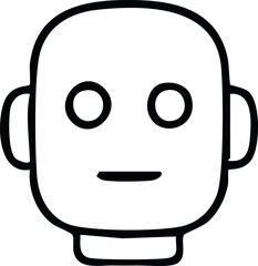 A simple black-and-white robot face icon with round eyes, a small straight mouth, and minimal geometric features.