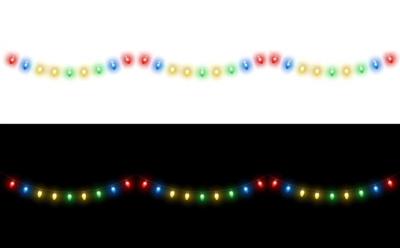 Multicolored glowing string Christmas lights hanging isolated, symbolizing festive decorations for Christmas and New Year celebrations and parties.
