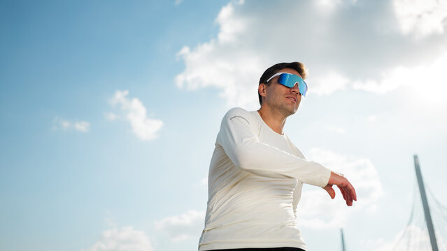 Man in sporty attire having fun outdoors