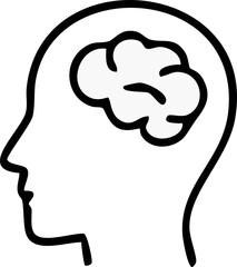 A simple black-and-white silhouette of a human head with a stylized brain shape inside, symbolizing thinking and cognition.
