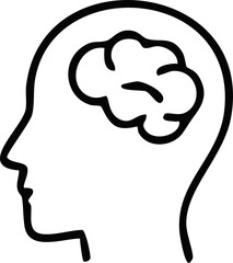 A simple black-and-white silhouette of a human head with a stylized brain shape inside, symbolizing thinking and cognition.